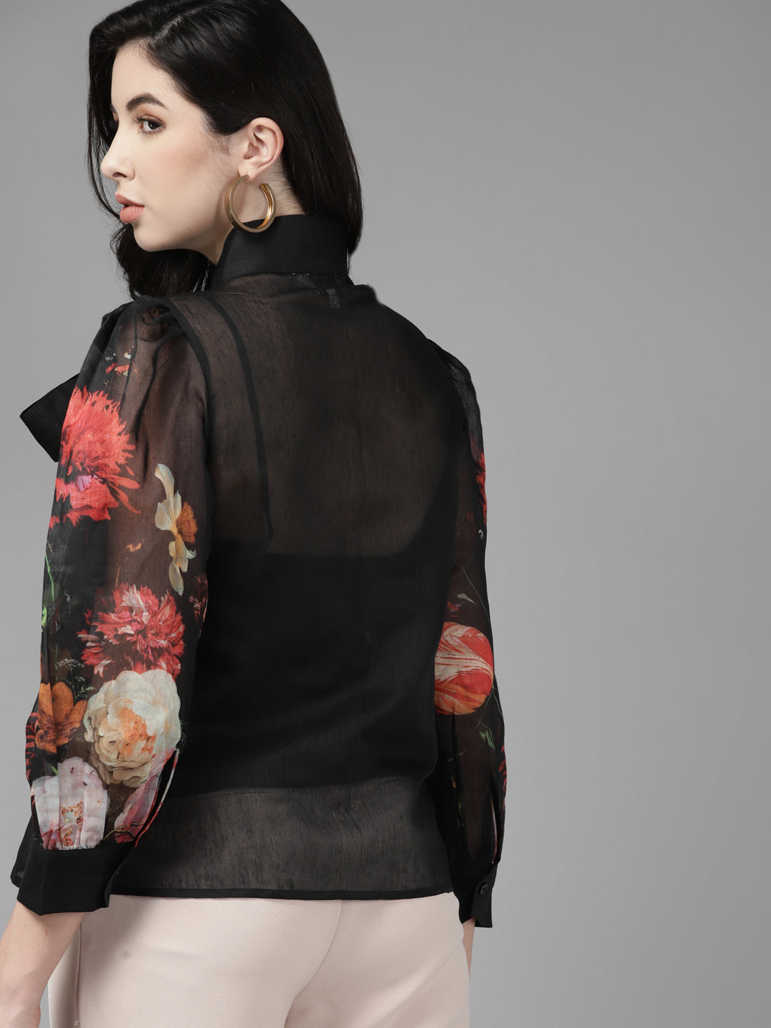 Bhama Couture Black Floral Mandarin Collar Shirt Style Top