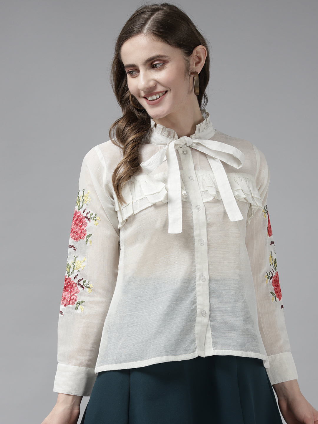 Bhama Couture Off White Front Open Embroidered Full Sleeve Top
