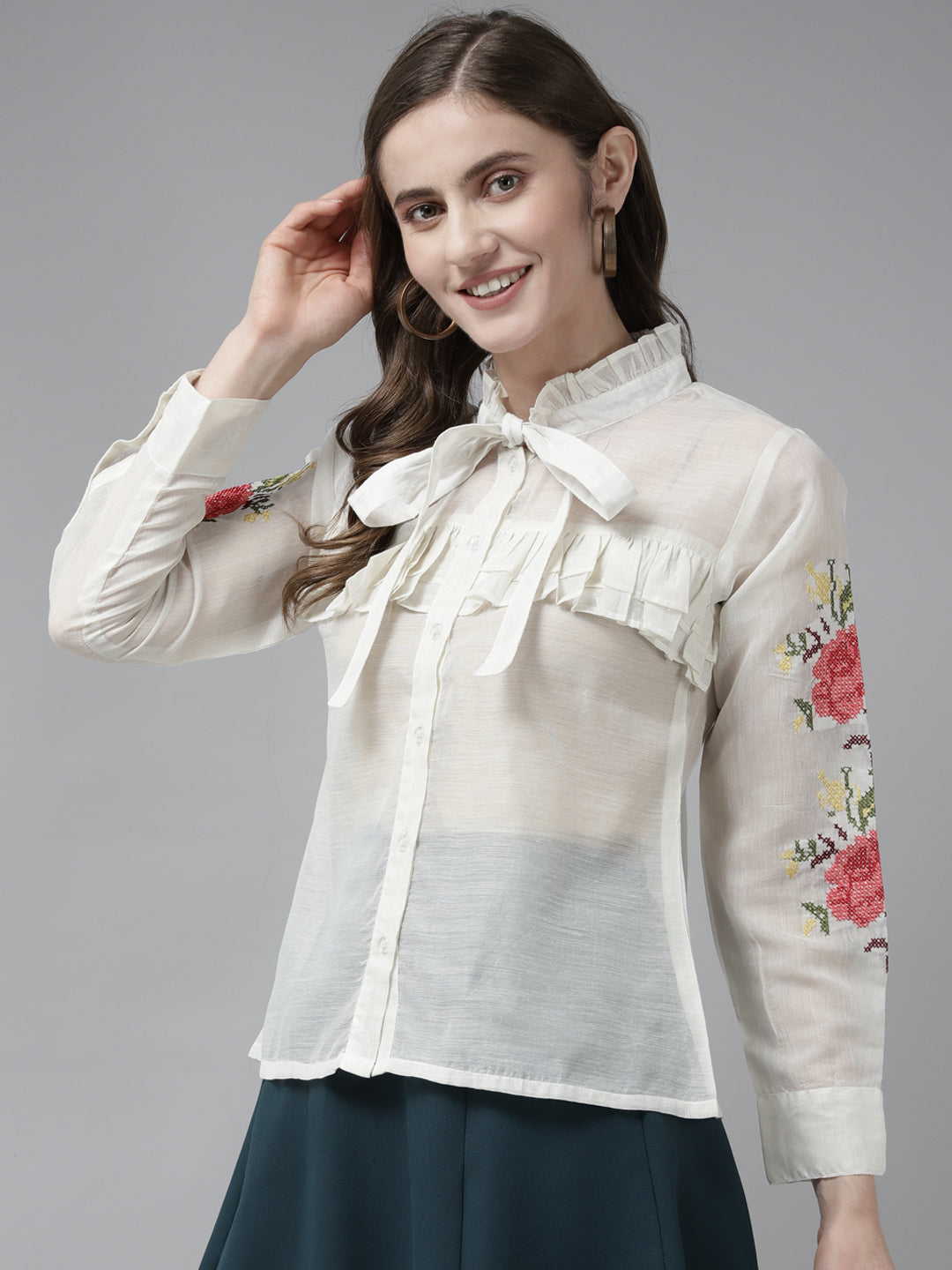 Bhama Couture Off White Front Open Embroidered Full Sleeve Top