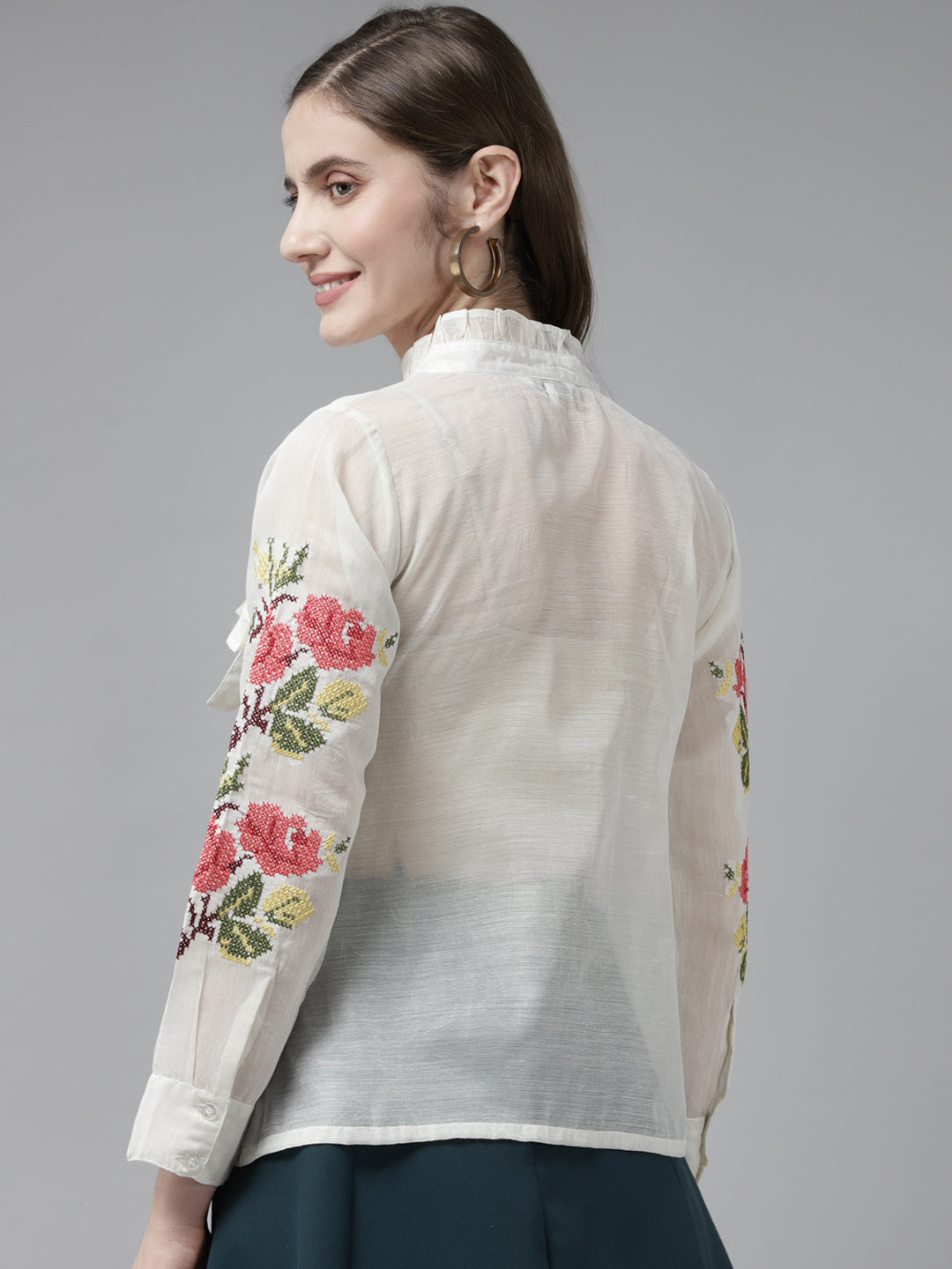 Bhama Couture Off White Front Open Embroidered Full Sleeve Top