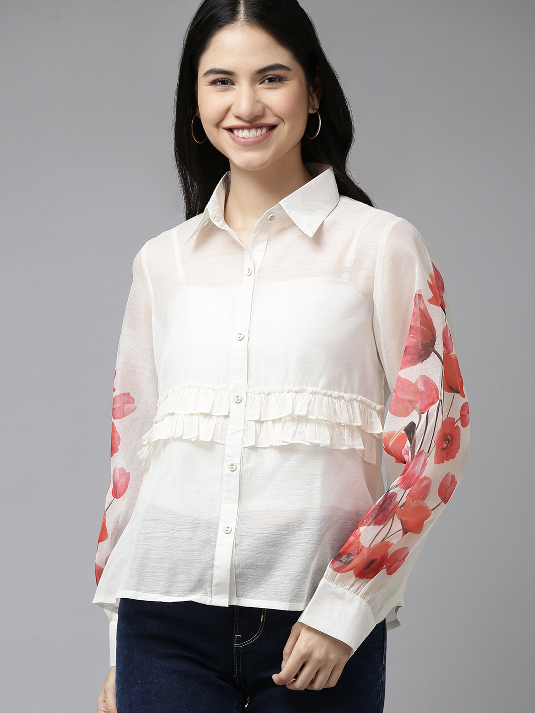Bhama Couture White & Red Floral Detail Ruffles Shirt Style Top