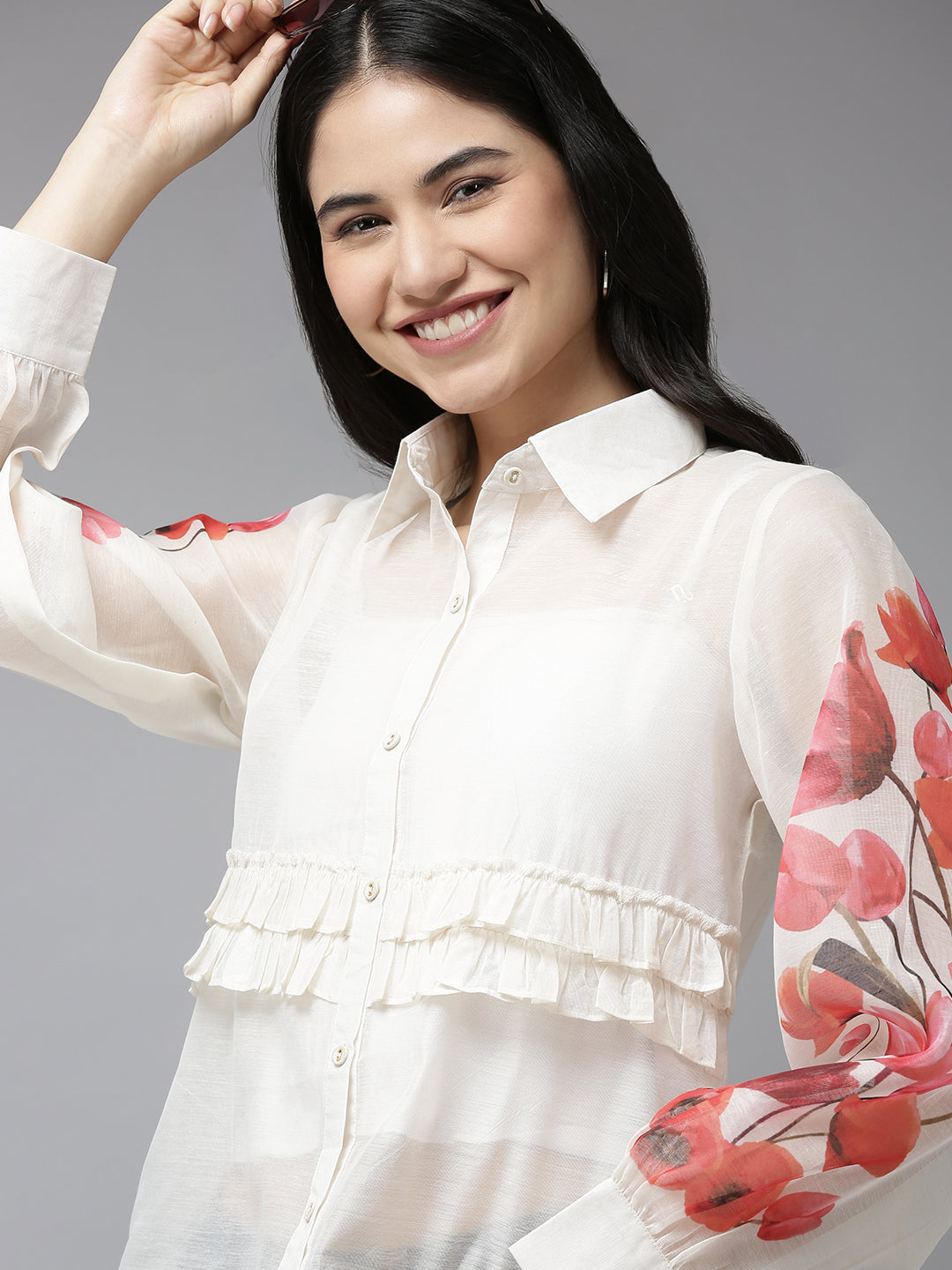 Bhama Couture White & Red Floral Detail Ruffles Shirt Style Top