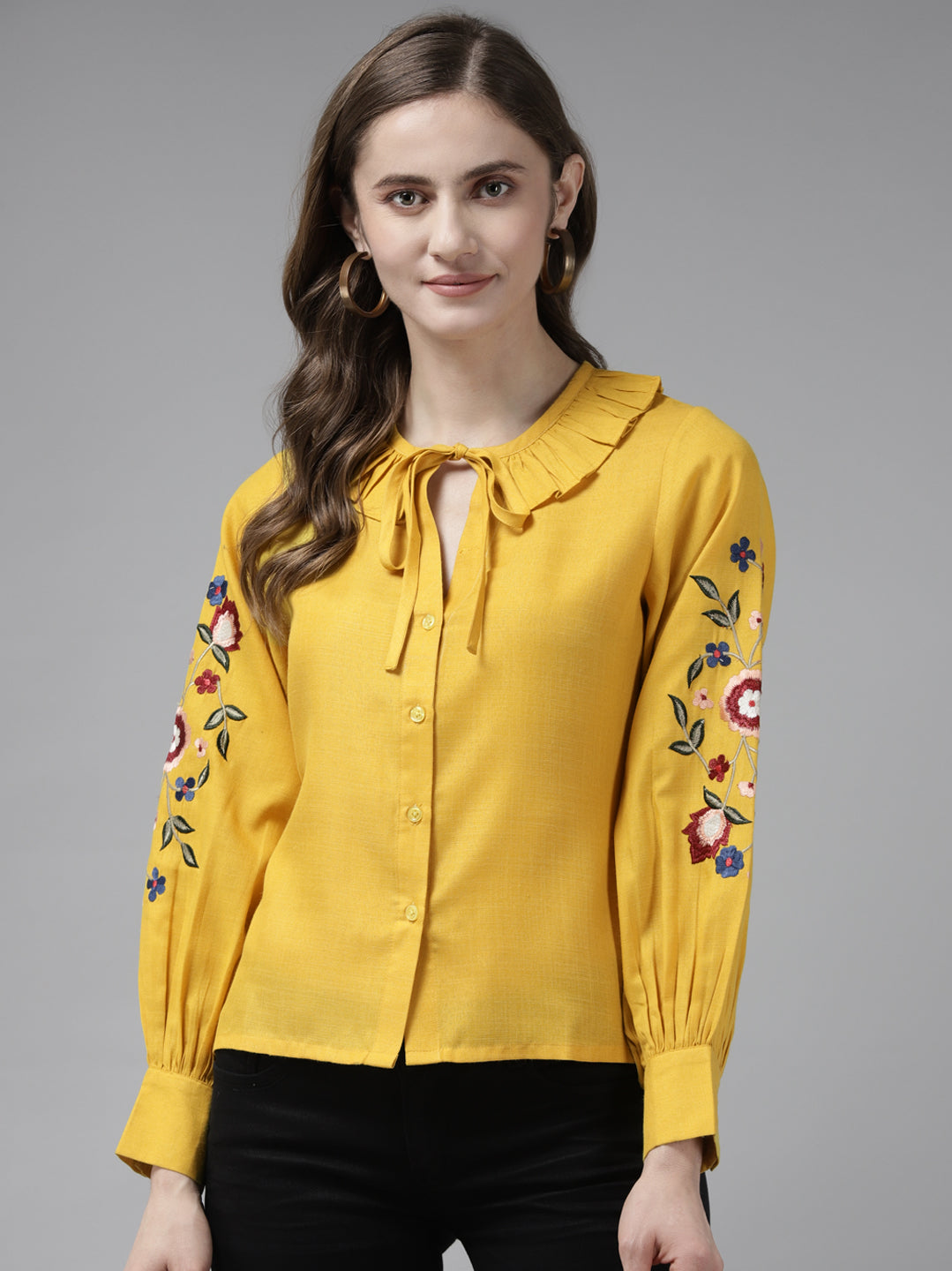 Bhama Couture Yellow Front Open Embroidered Full Sleeve Top
