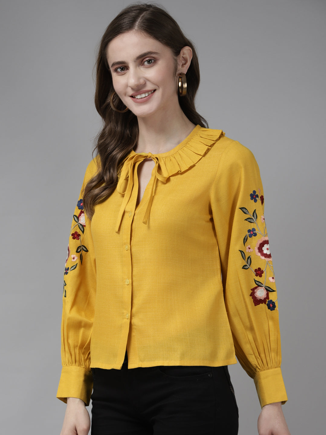 Bhama Couture Yellow Front Open Embroidered Full Sleeve Top