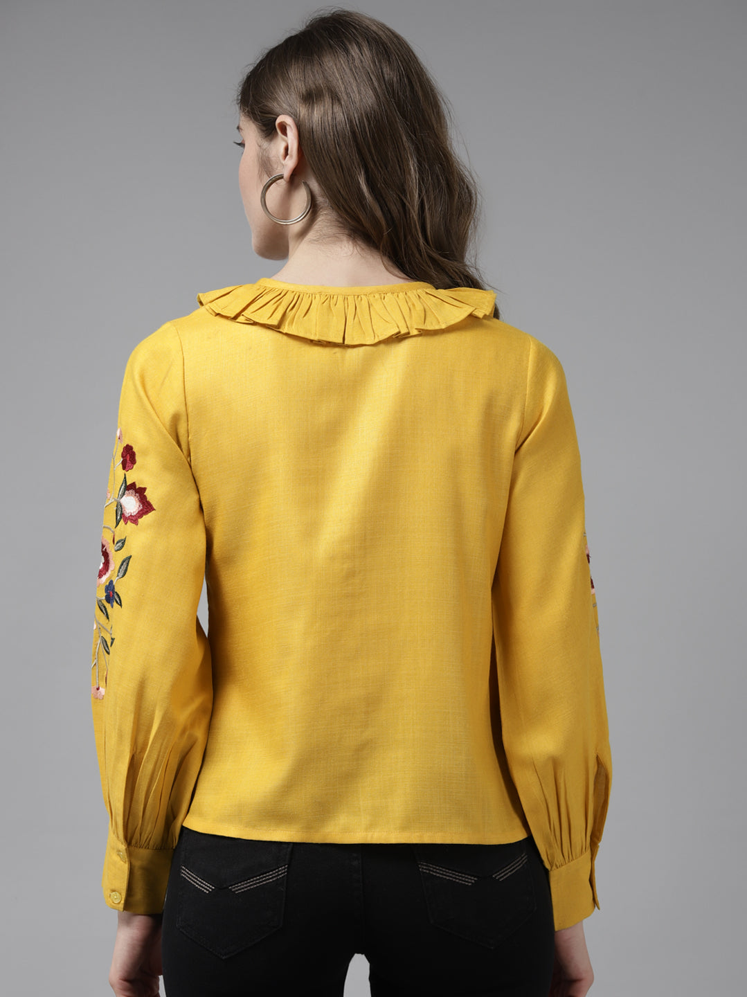 Bhama Couture Yellow Front Open Embroidered Full Sleeve Top