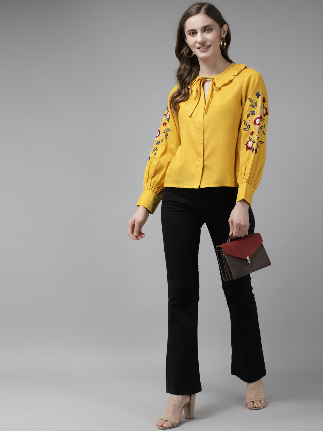 Bhama Couture Yellow Front Open Embroidered Full Sleeve Top