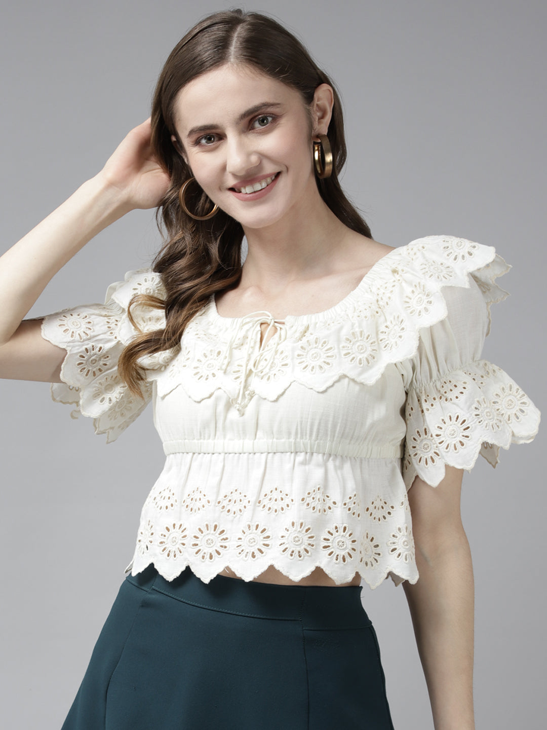 Bhama Couture Off White Cotton Schiffli Front Neck Dori Knot Top