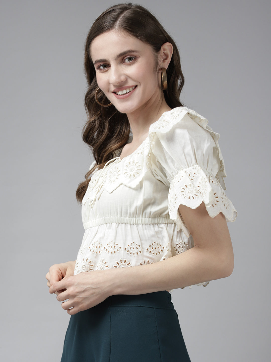 Bhama Couture Off White Cotton Schiffli Front Neck Dori Knot Top