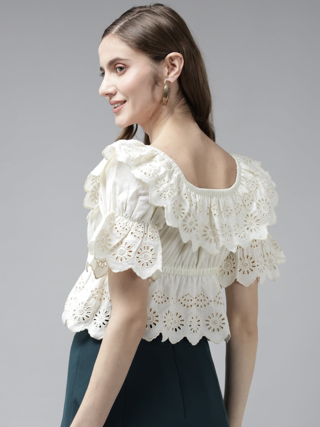 Bhama Couture Off White Cotton Schiffli Front Neck Dori Knot Top
