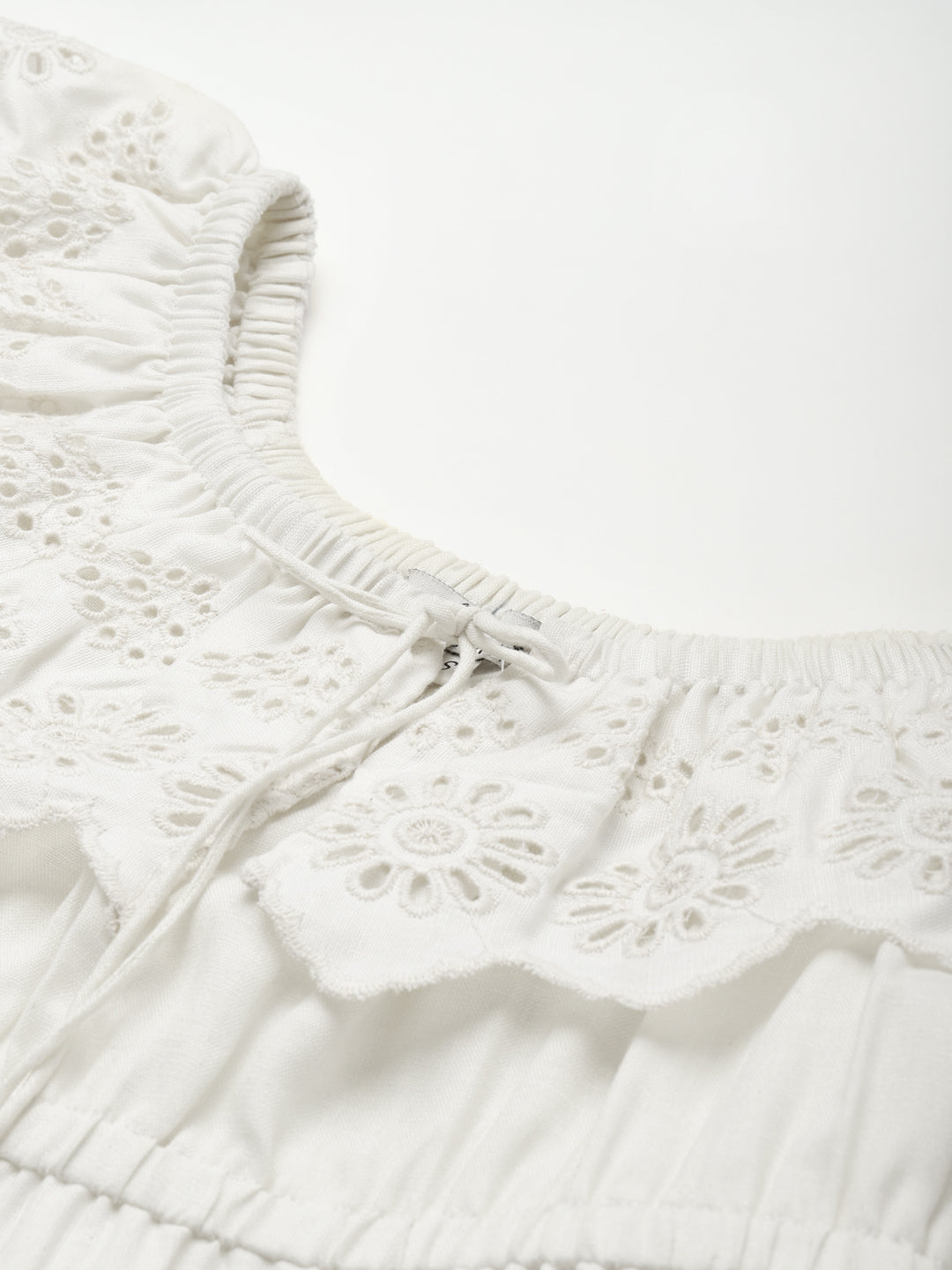Bhama Couture Off White Cotton Schiffli Front Neck Dori Knot Top