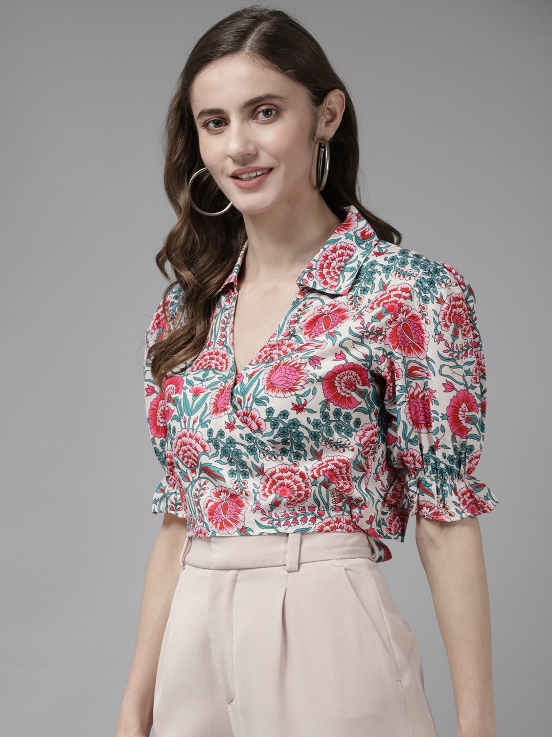 Bhama Couture Off White Front Overlap Printed Top