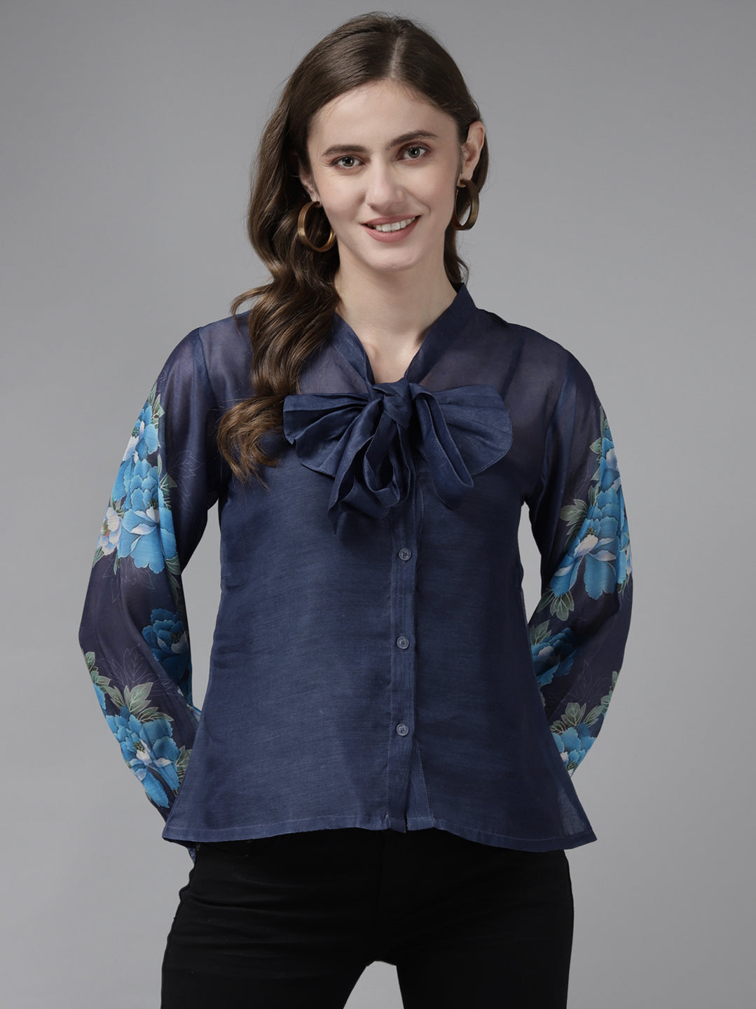 Bhama Couture Blue Printed Sleeve Front Open Top