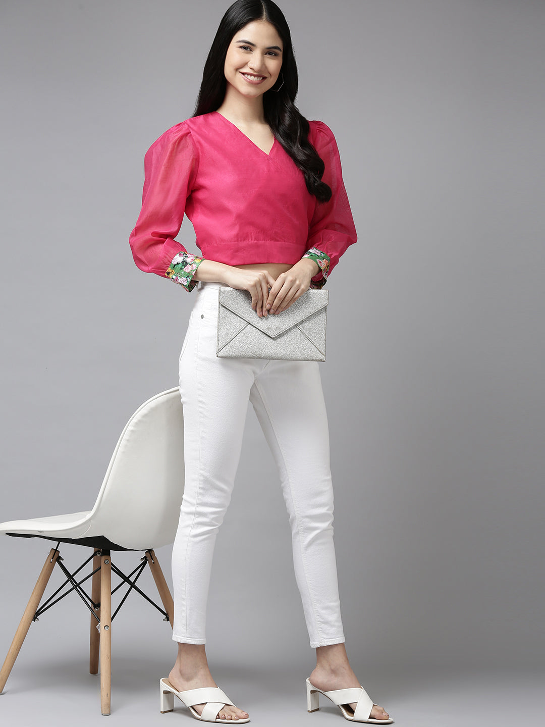 Bhama Couture Pink Solid Wrap Crop  Top