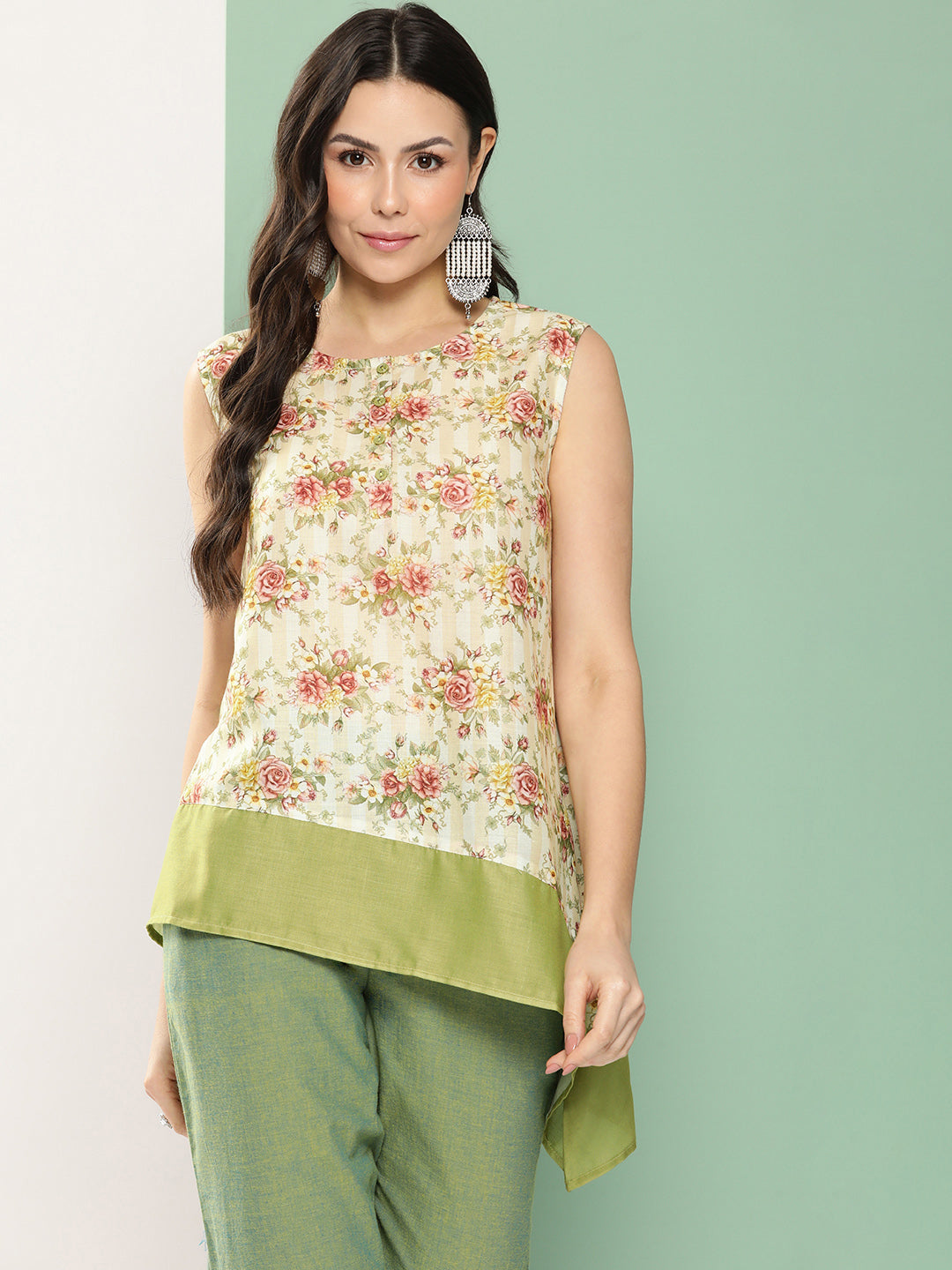 Bhama Couture Beige Flowal Prined Asymmetrical Top
