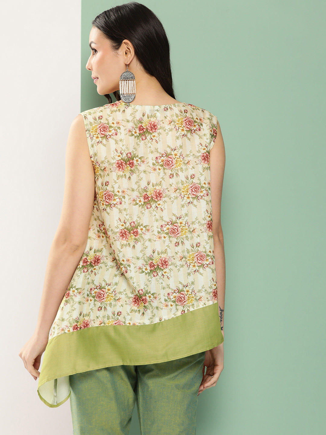 Bhama Couture Beige Flowal Prined Asymmetrical Top