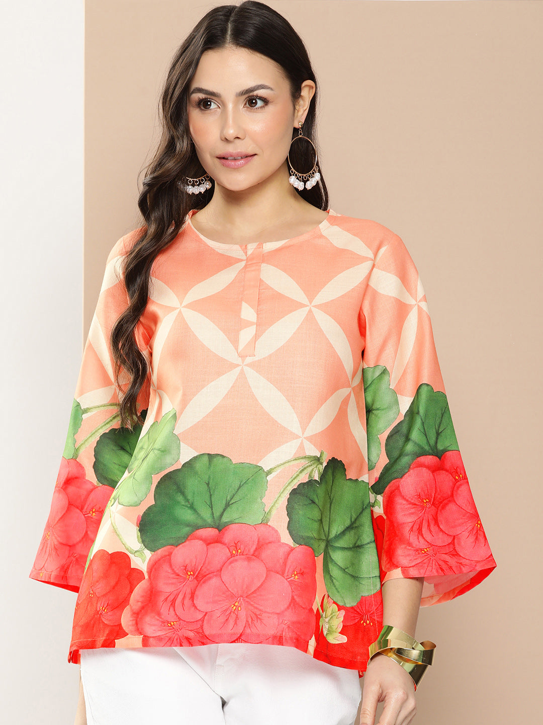 Bhama Couture Coral Flowal Prined Straight Top