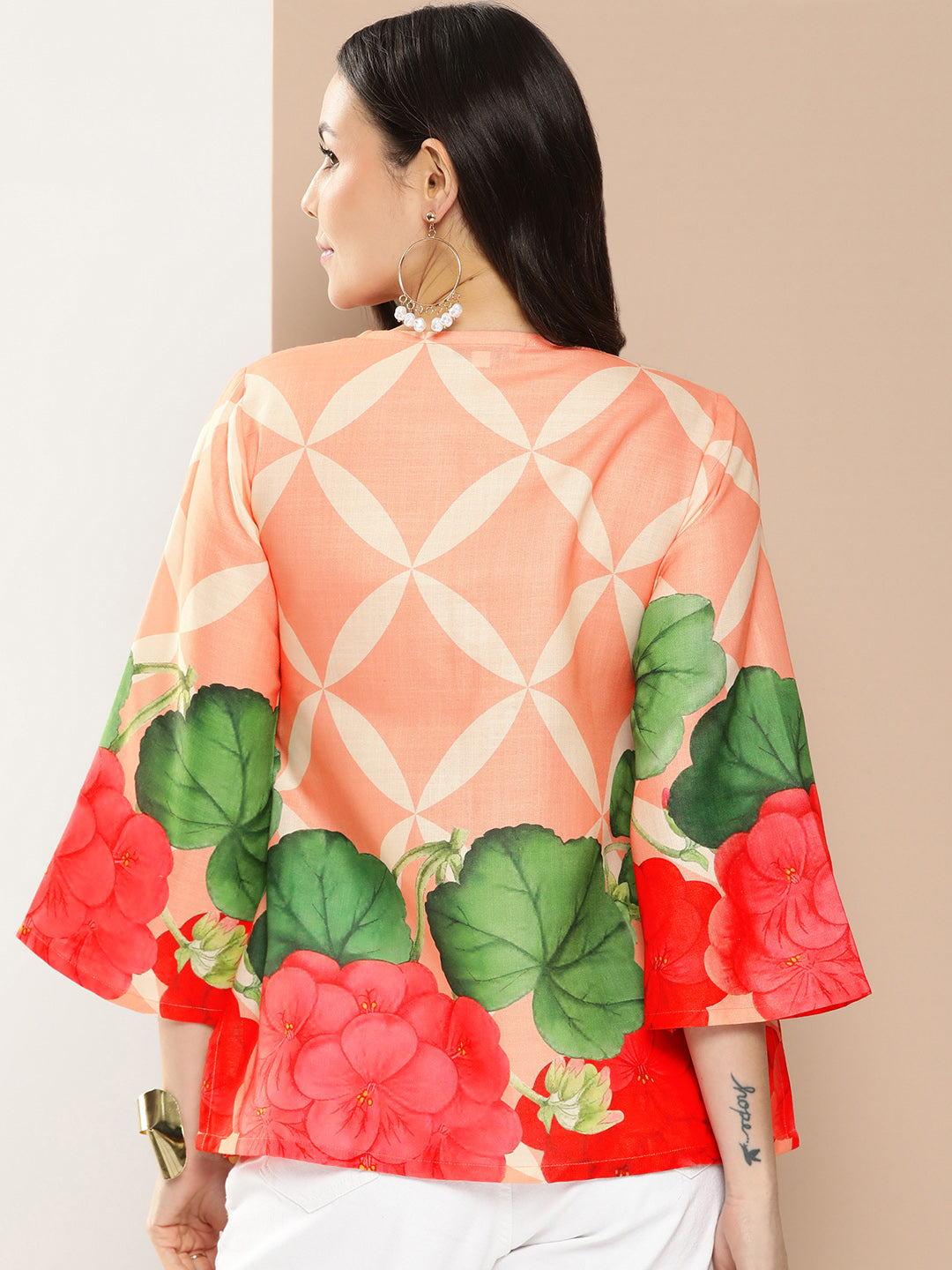 Bhama Couture Coral Flowal Prined Straight Top