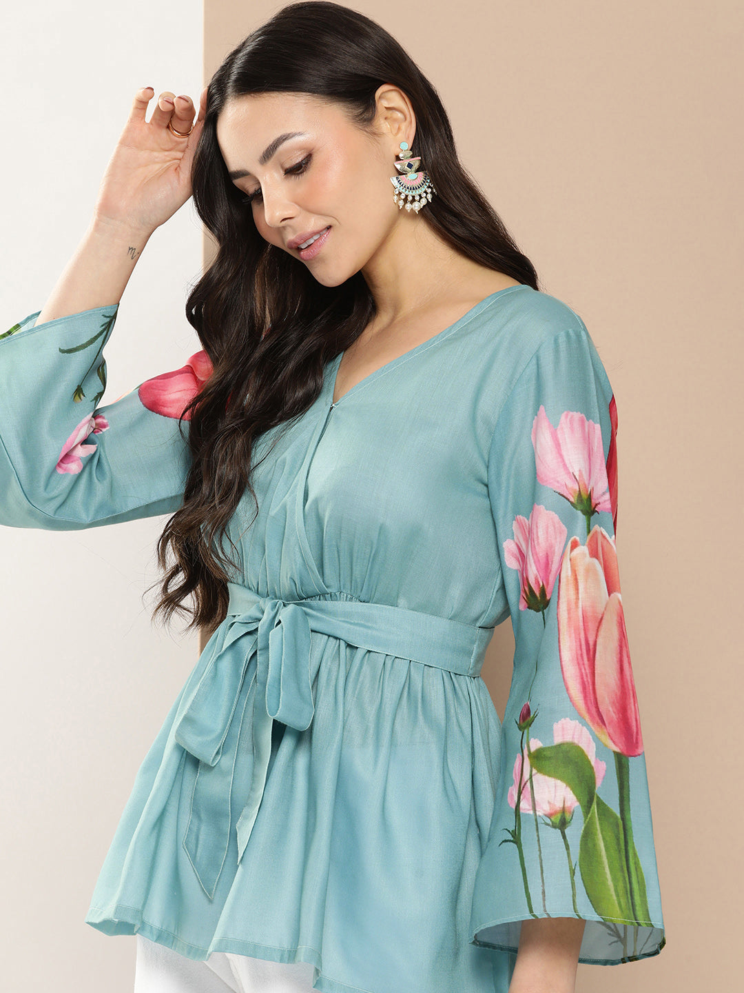 Bhama Couture Turquoise Blue Printed Tie-Up Top