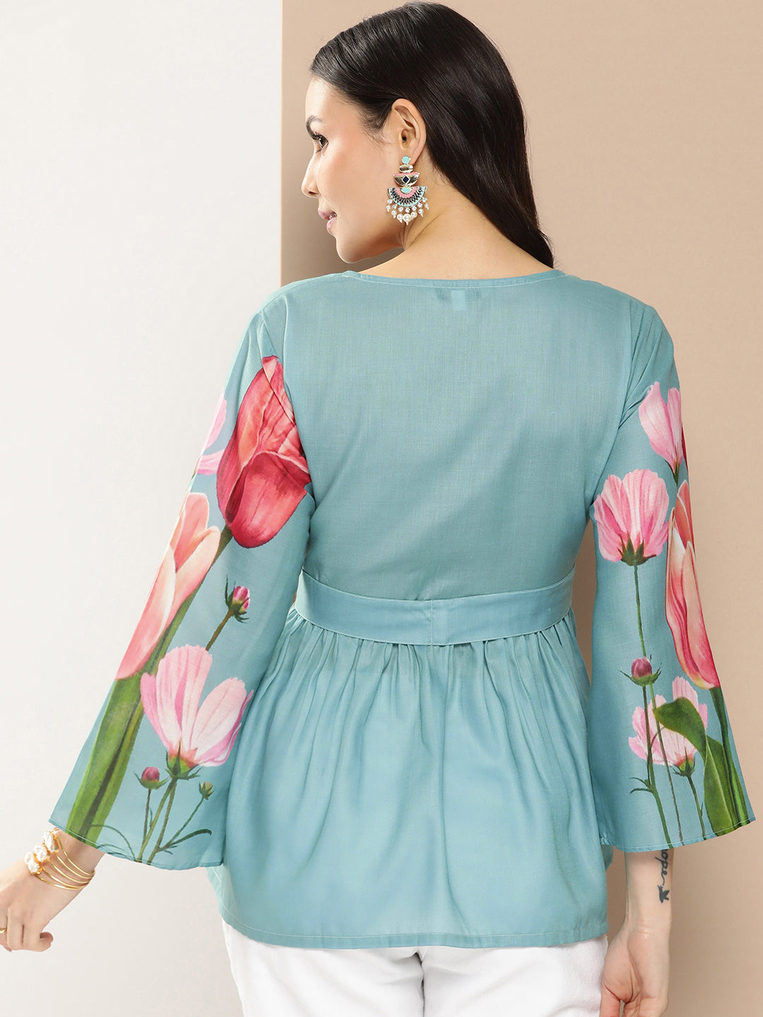 Bhama Couture Turquoise Blue Printed Tie-Up Top