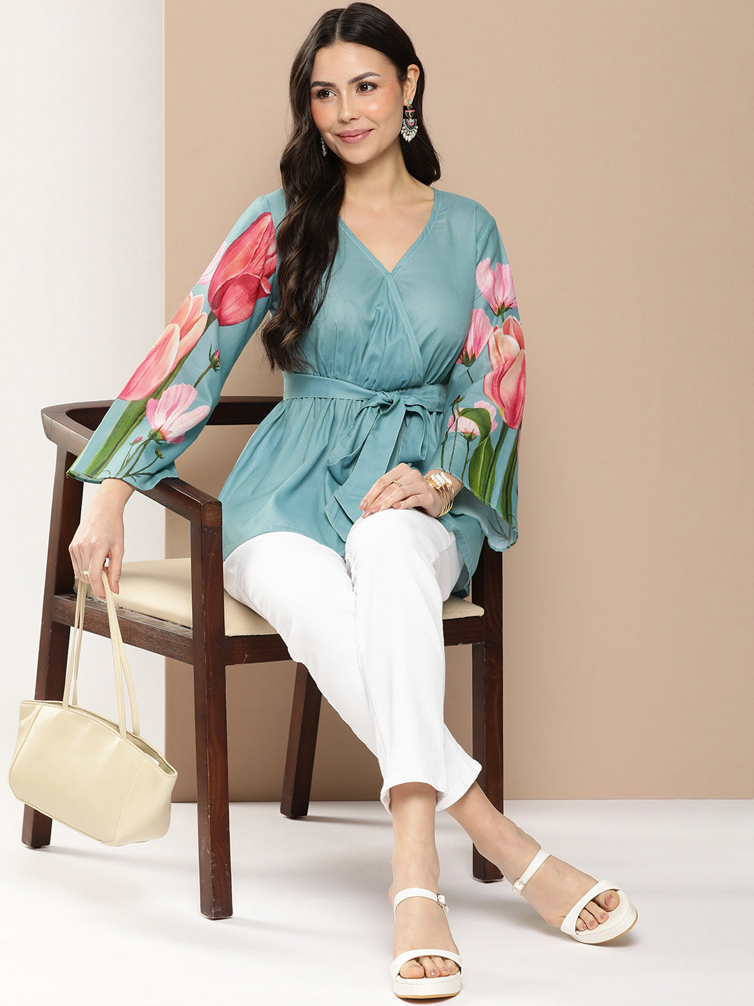 Bhama Couture Turquoise Blue Printed Tie-Up Top