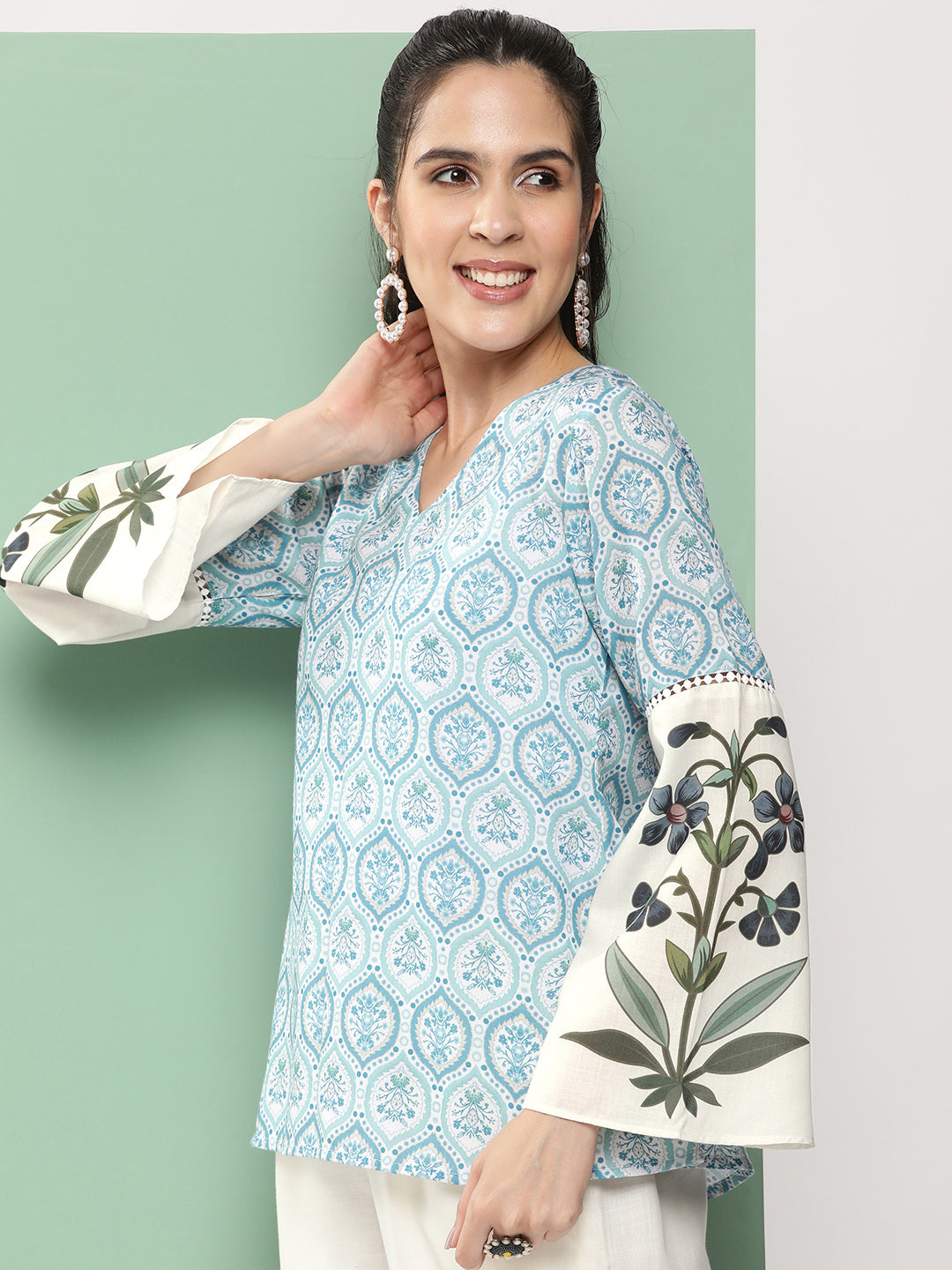 Bhama Couture Blue Printed A-Line Top