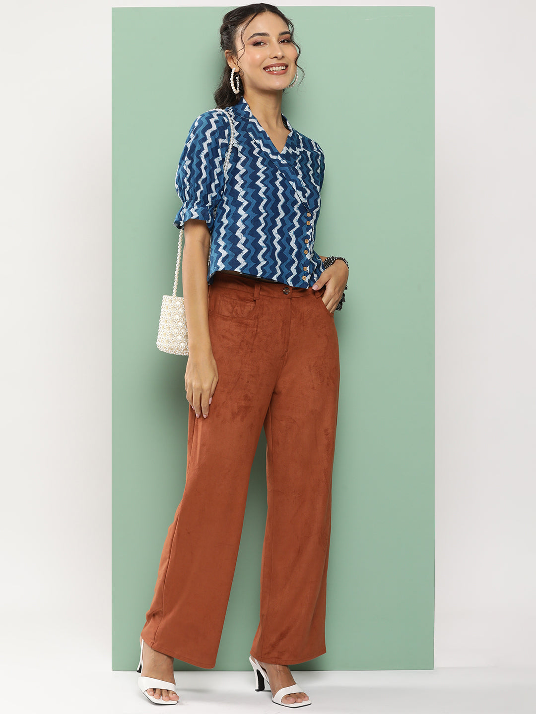 Bhama Couture Blue Printed Shirt Style Top