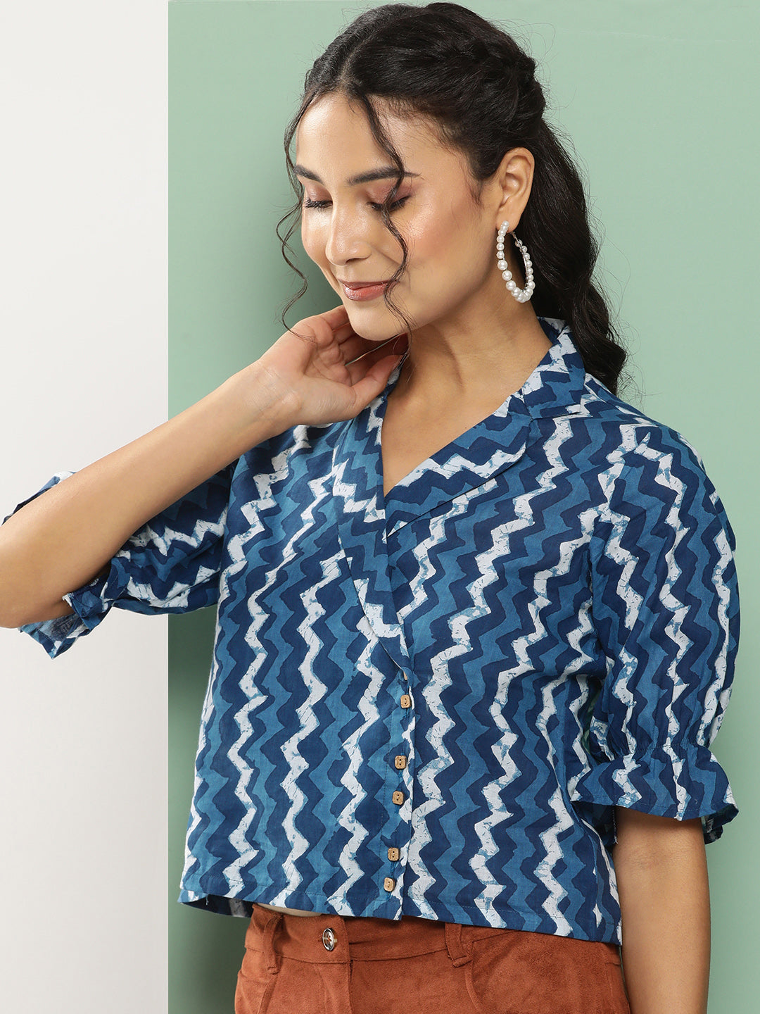 Bhama Couture Blue Printed Shirt Style Top
