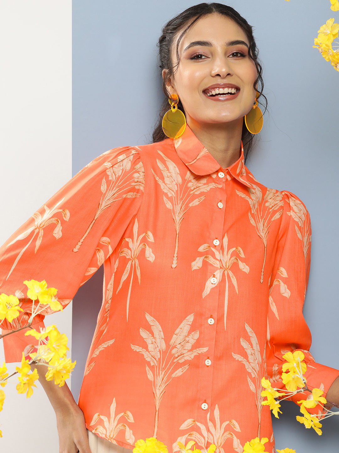 Bhama Couture Orange Printed Shirt Style Top