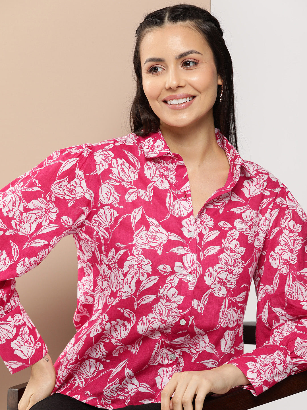 Bhama Couture Pink Fuchsia Printed Shirt Style Top