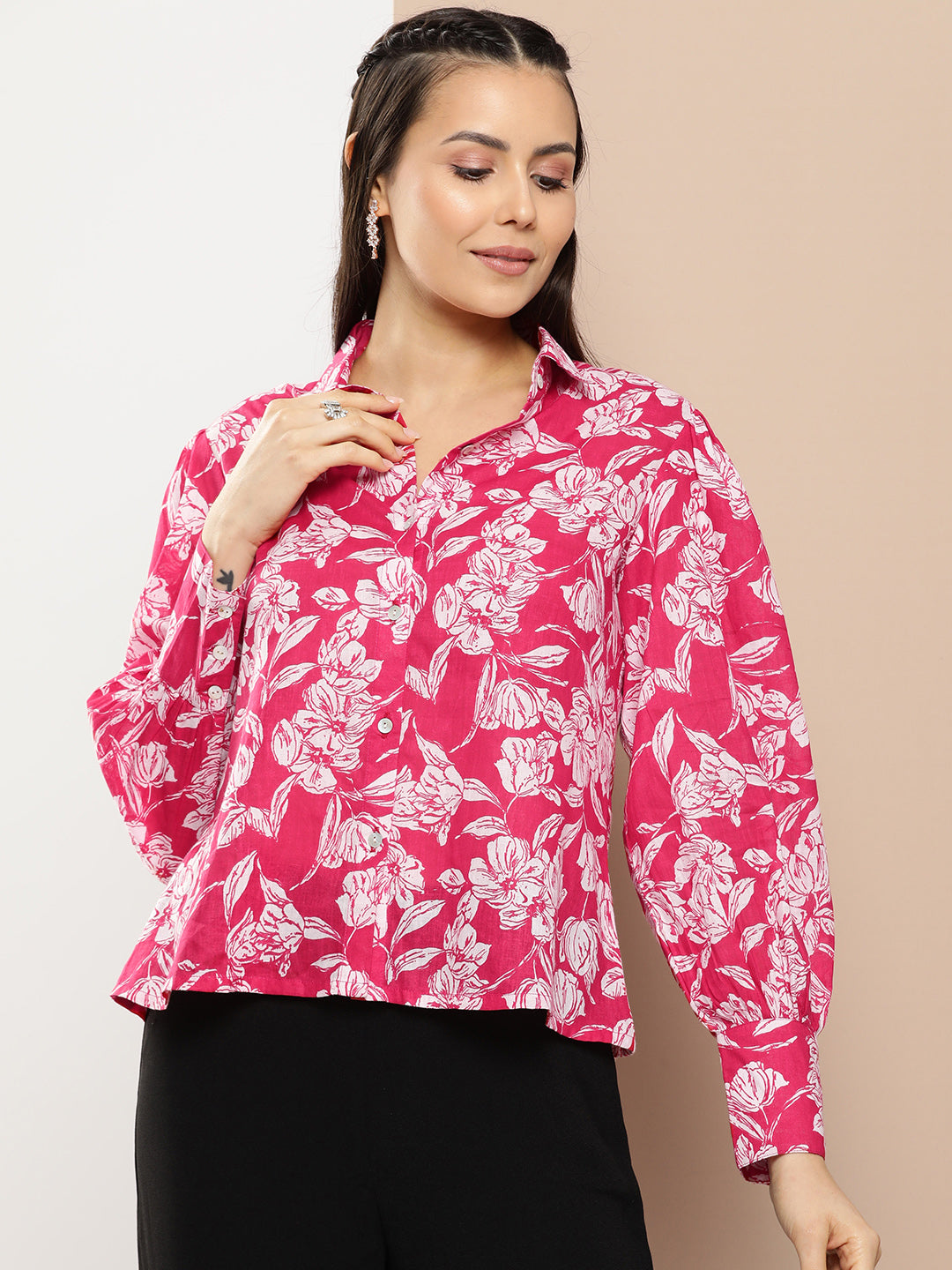 Bhama Couture Pink Fuchsia Printed Shirt Style Top