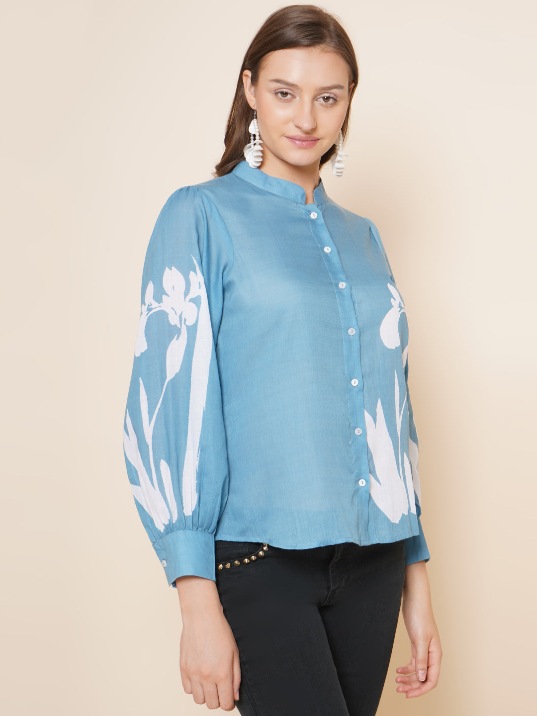 Bhama Couture Blue Printed Shirt Style Top
