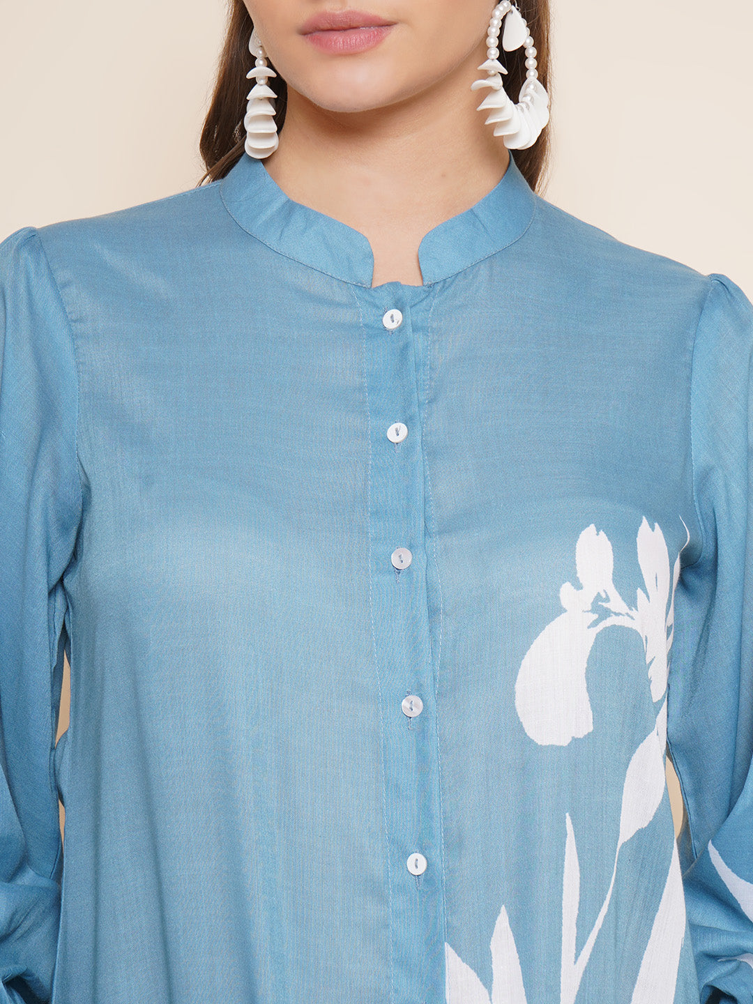 Bhama Couture Blue Printed Shirt Style Top
