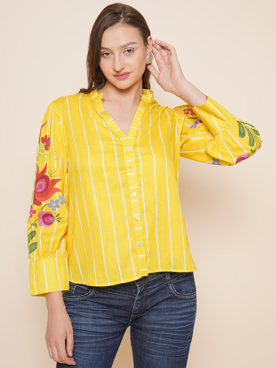 Bhama Couture Yellow Printed Shirt Style Top