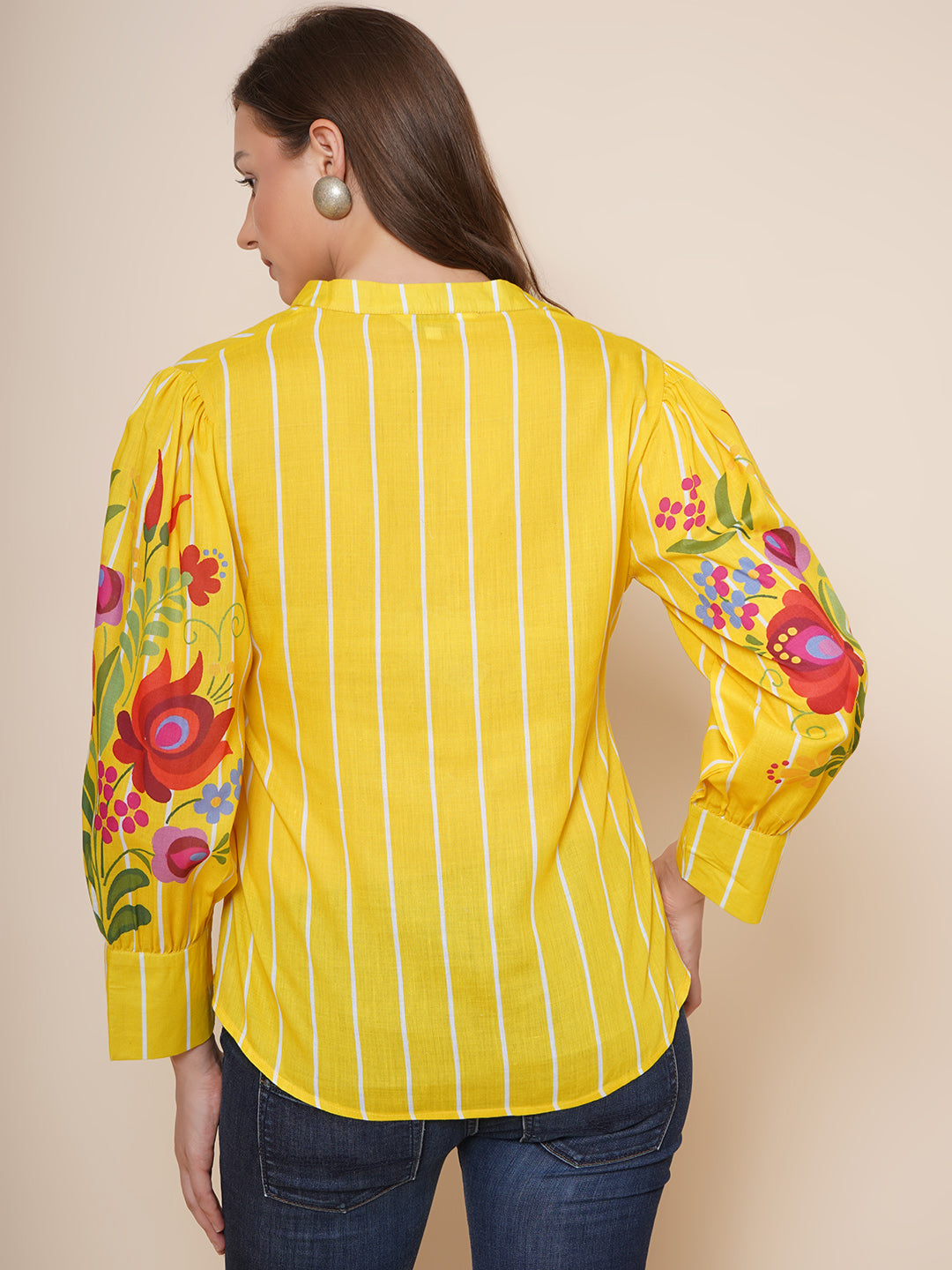 Bhama Couture Yellow Printed Shirt Style Top