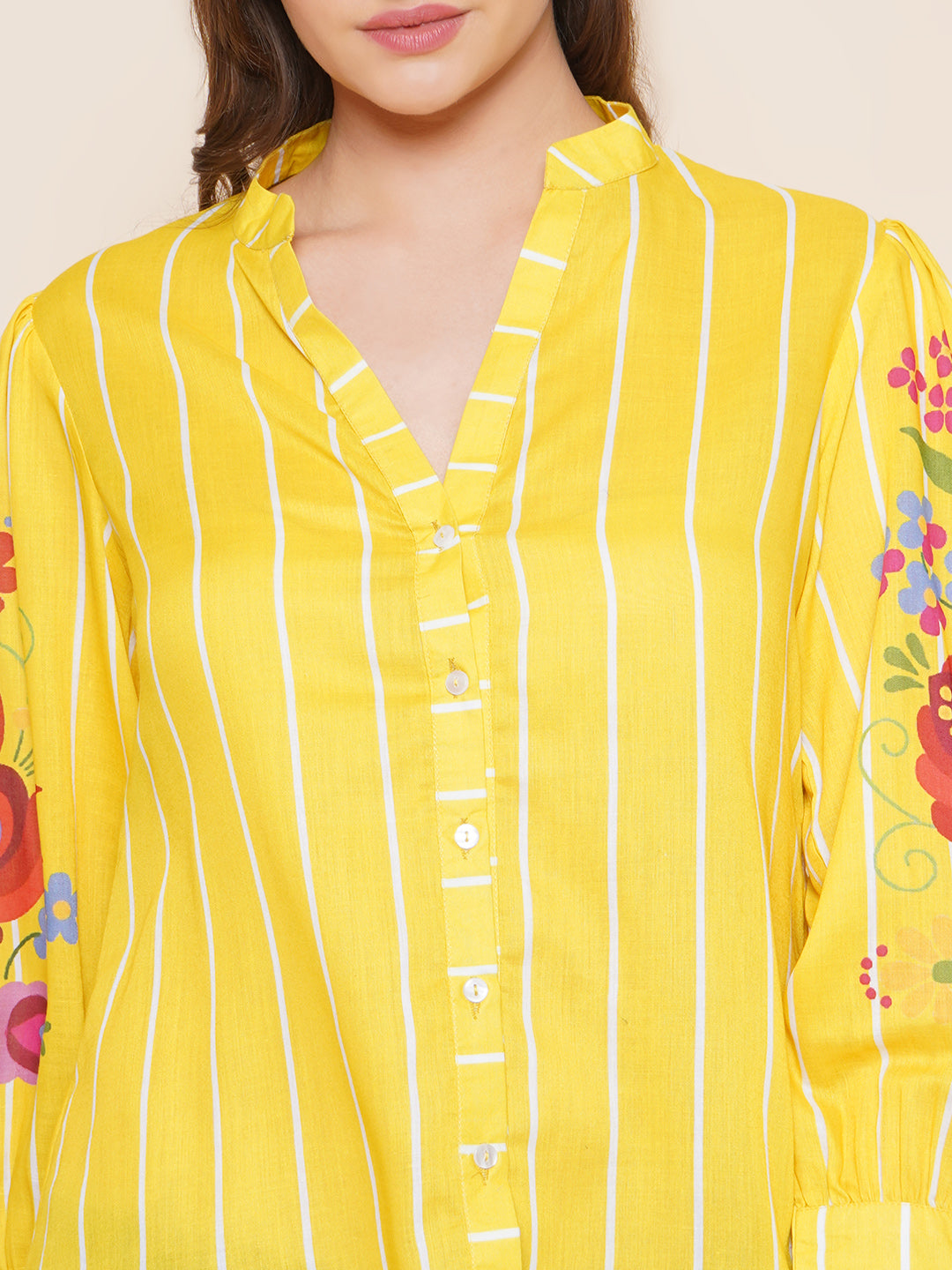 Bhama Couture Yellow Printed Shirt Style Top