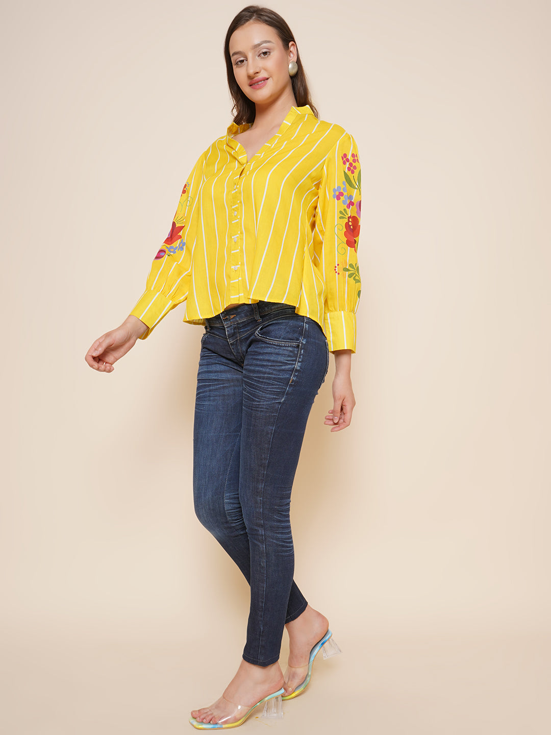 Bhama Couture Yellow Printed Shirt Style Top