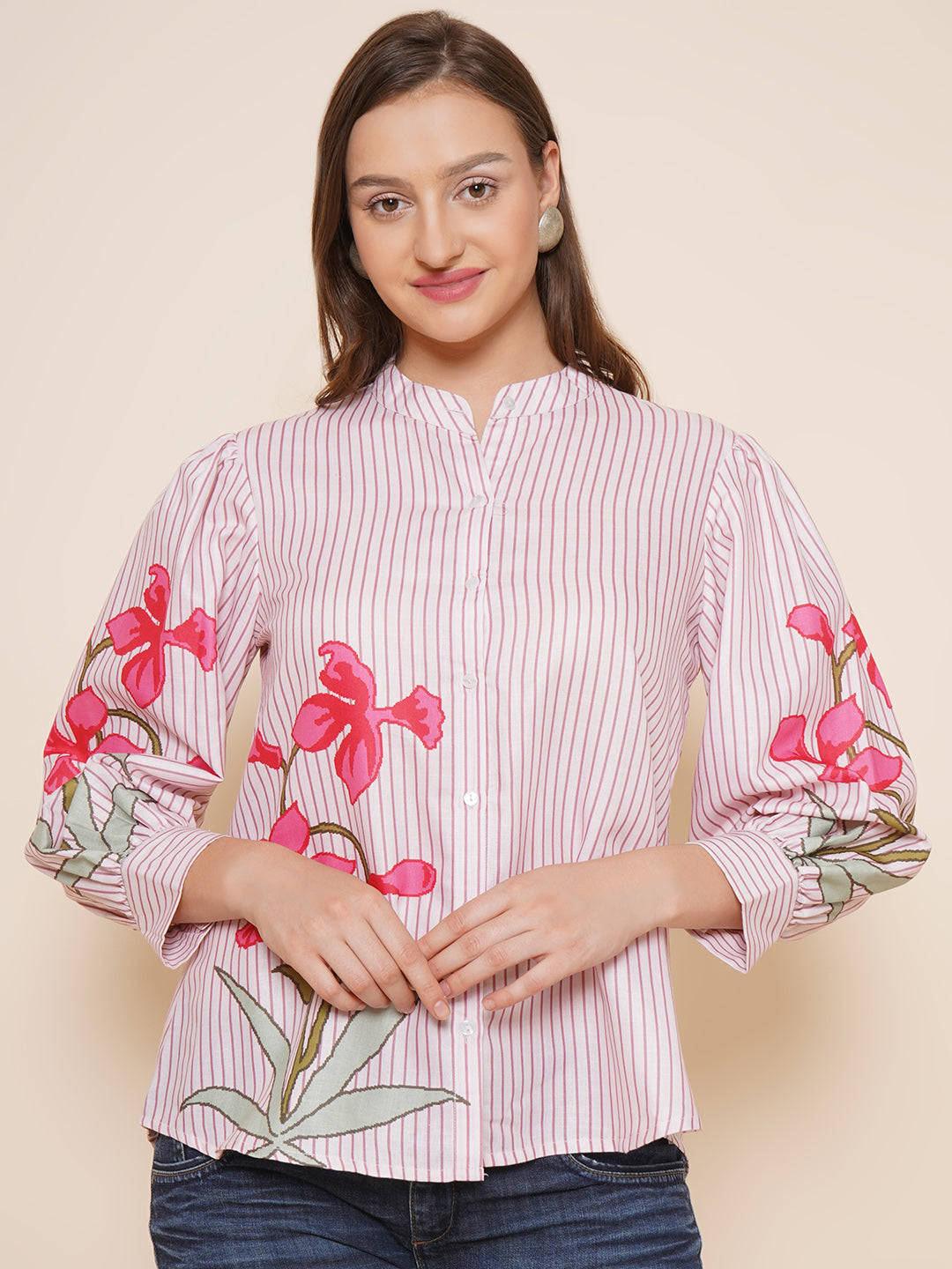 Bhama Couture Beige Printed Shirt Style Top