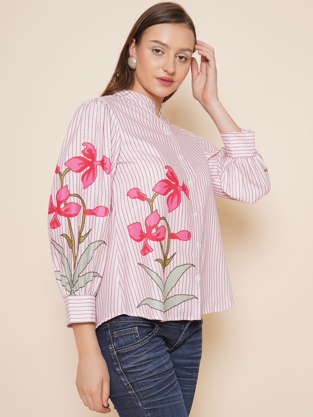 Bhama Couture Beige Printed Shirt Style Top