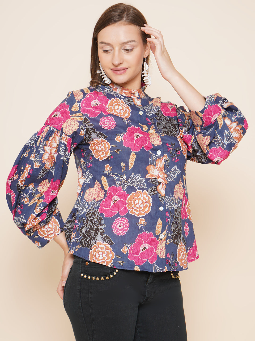 Bhama Couture Blue Floral Printed Shirt Style Top
