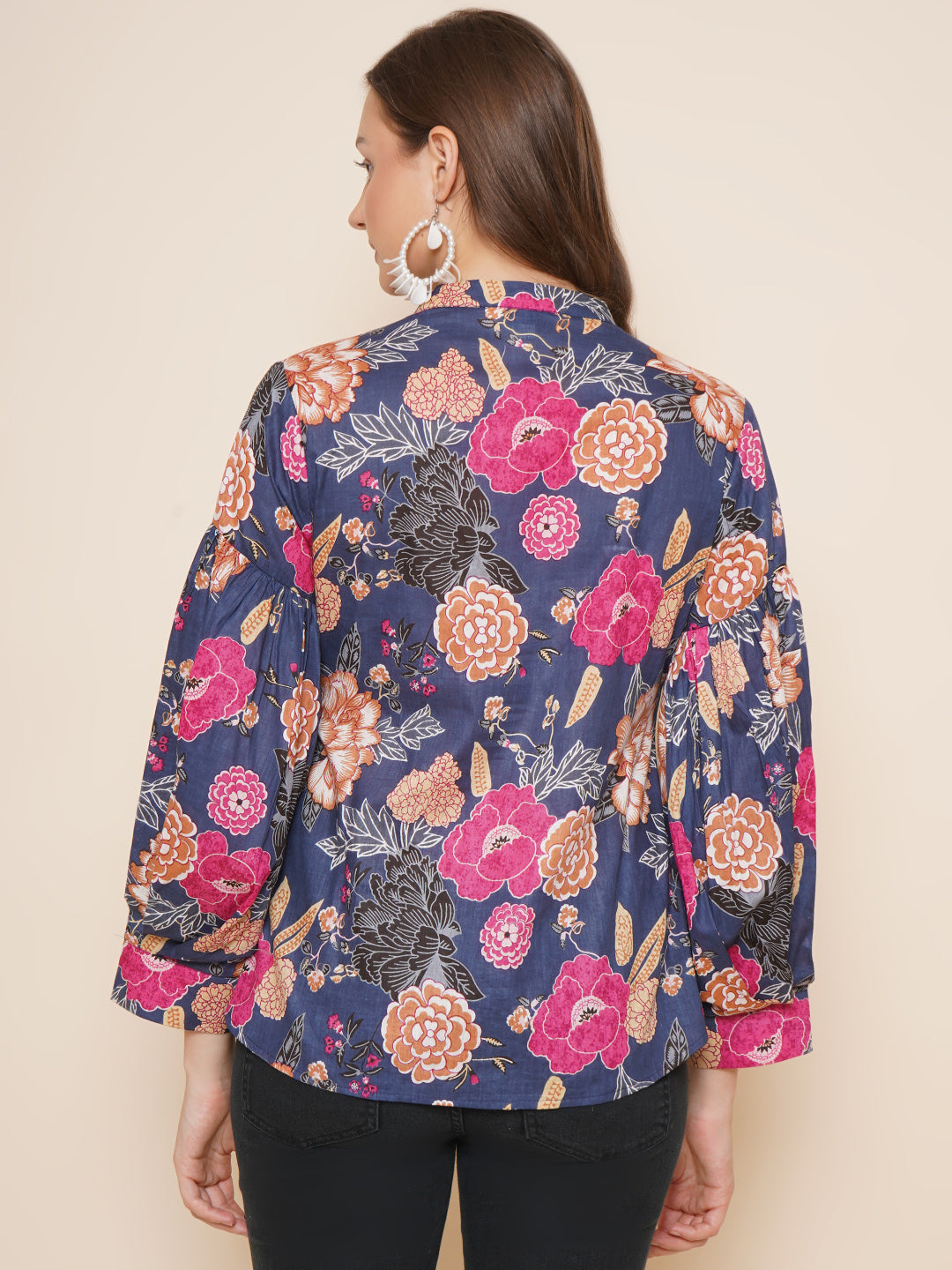 Bhama Couture Blue Floral Printed Shirt Style Top