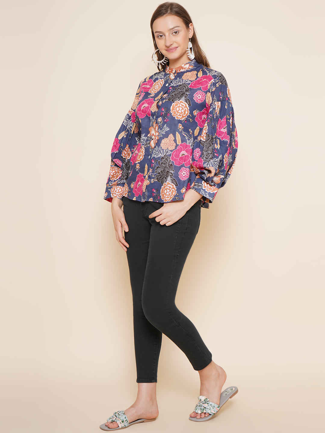 Bhama Couture Blue Floral Printed Shirt Style Top