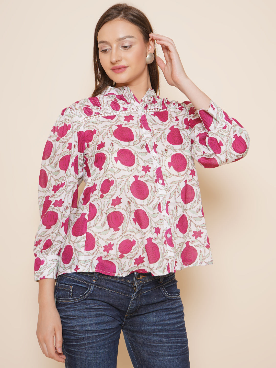 Bhama Couture Off White & Pink Printed Shirt Style Top