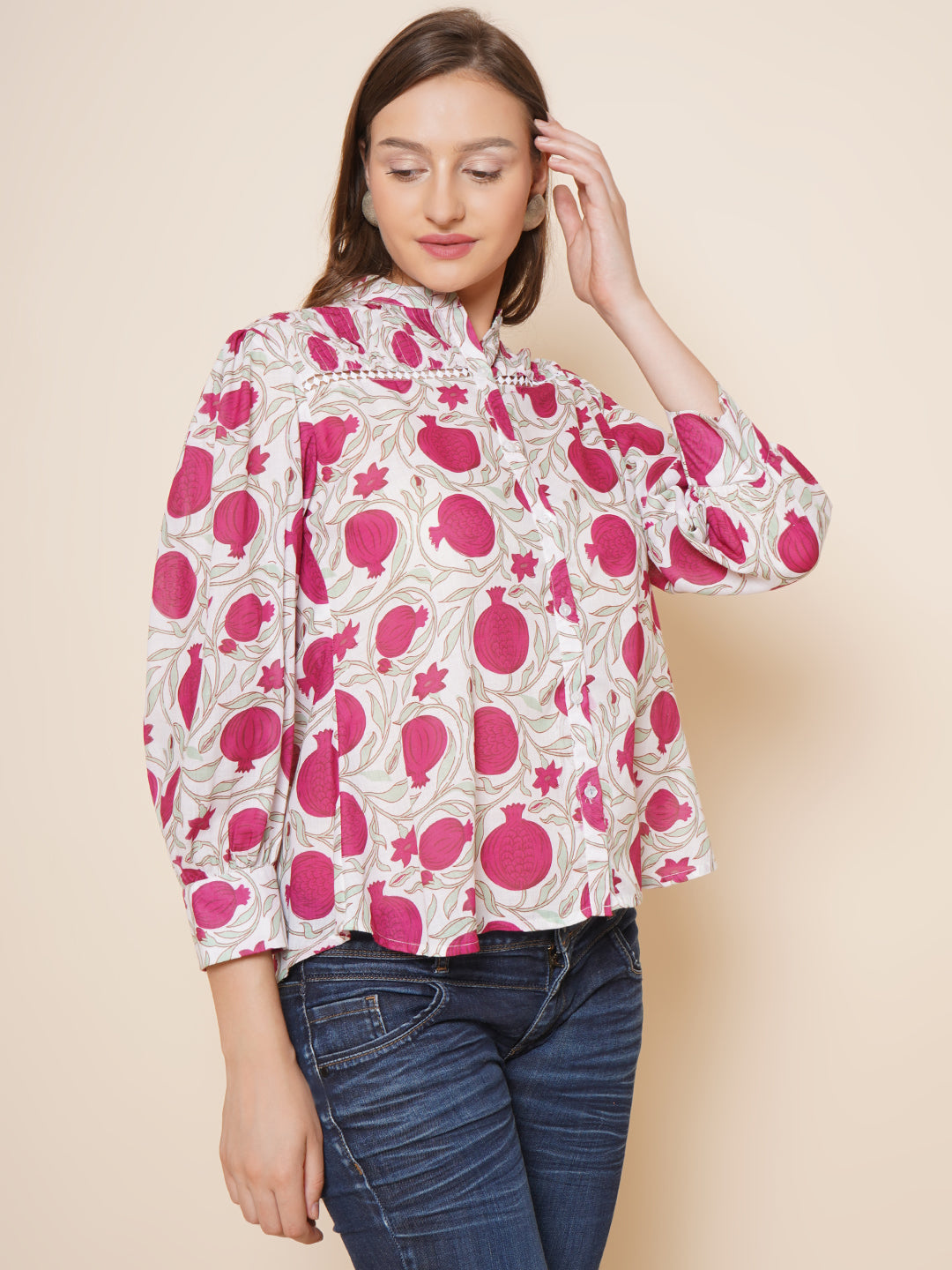 Bhama Couture Off White & Pink Printed Shirt Style Top