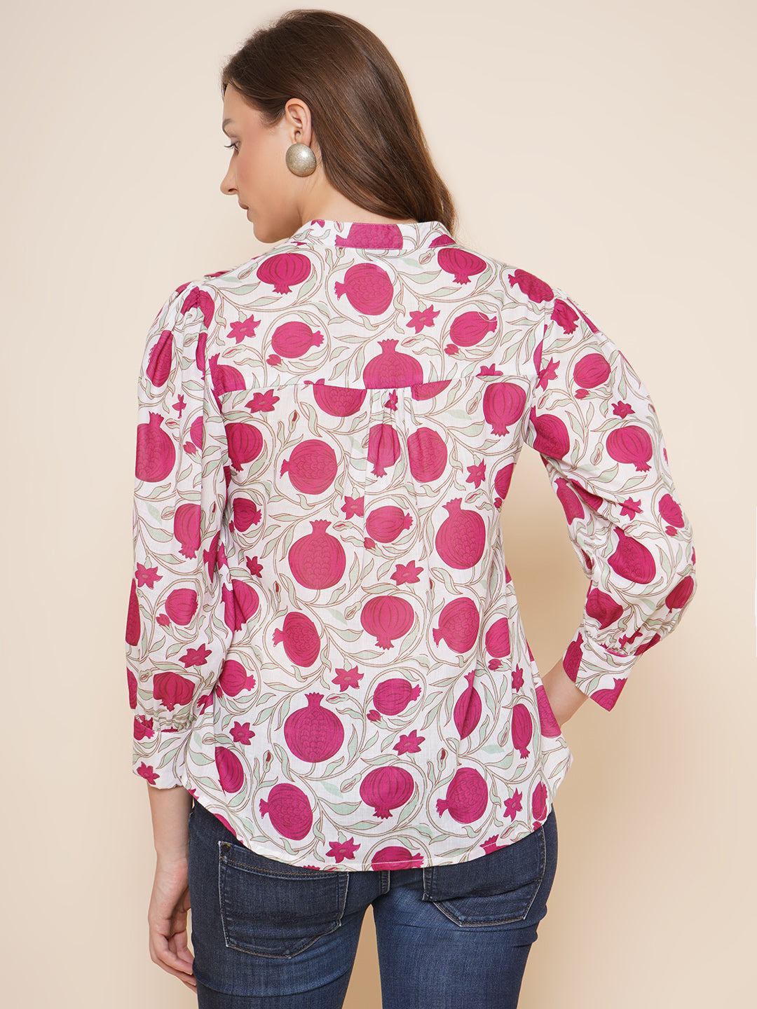 Bhama Couture Off White & Pink Printed Shirt Style Top
