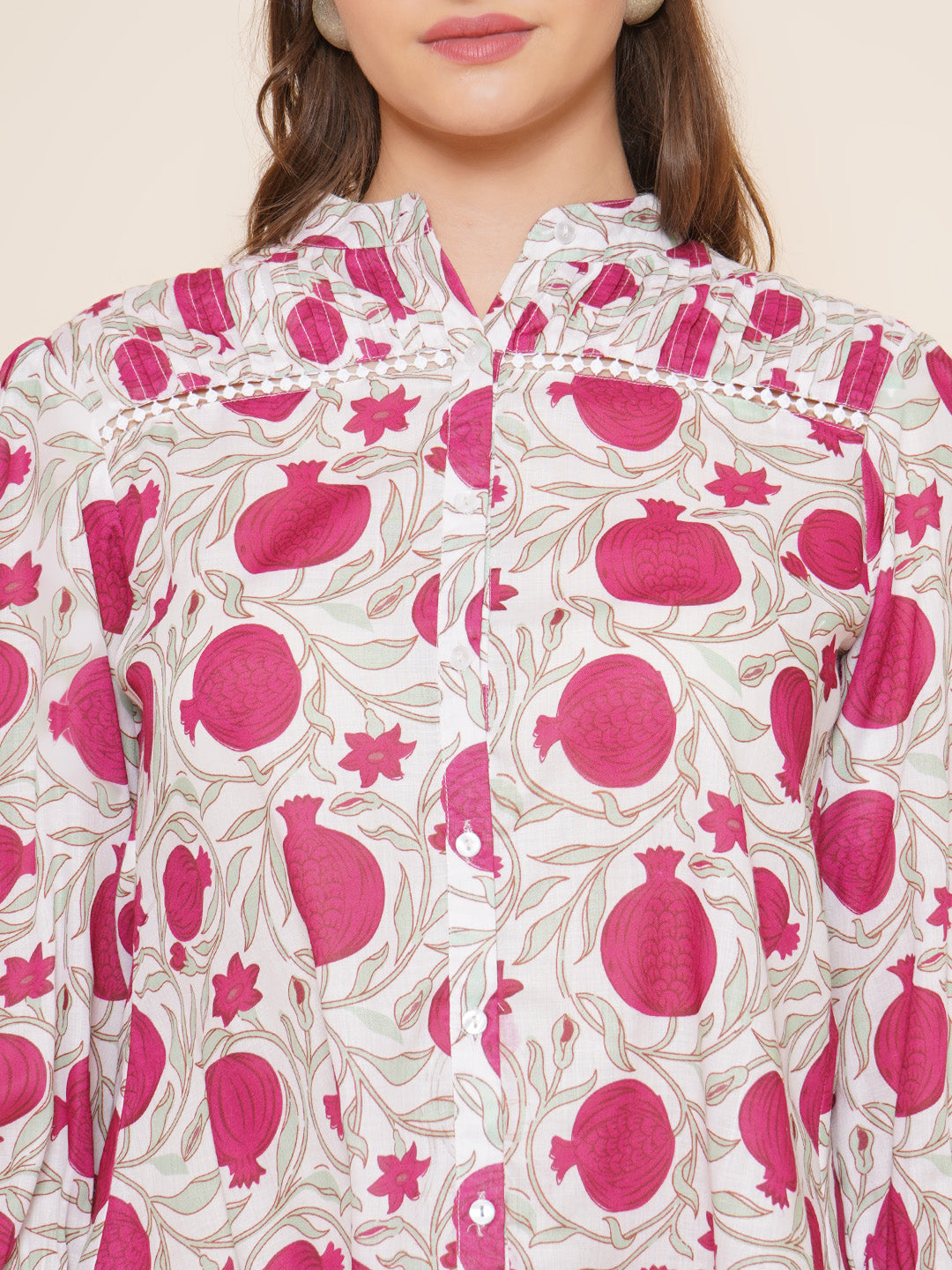 Bhama Couture Off White & Pink Printed Shirt Style Top