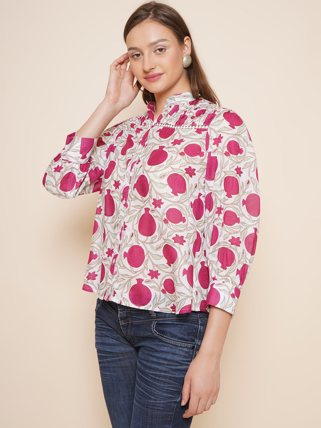Bhama Couture Off White & Pink Printed Shirt Style Top