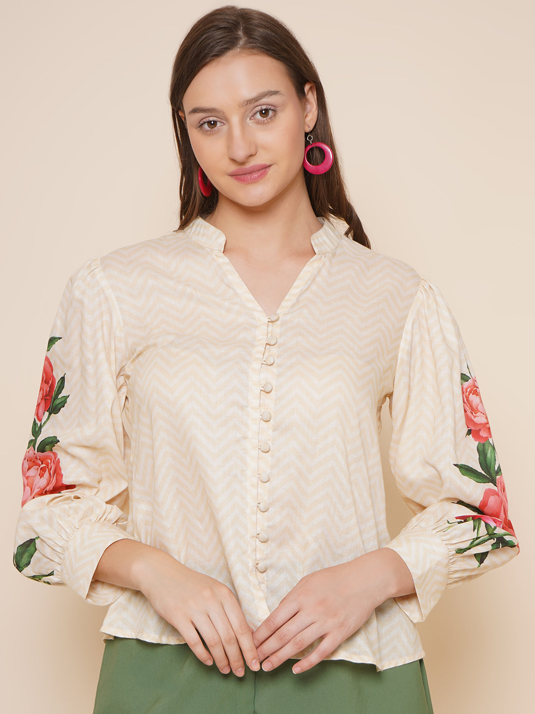 Bhama Couture Beige Printed Shirt Style Top