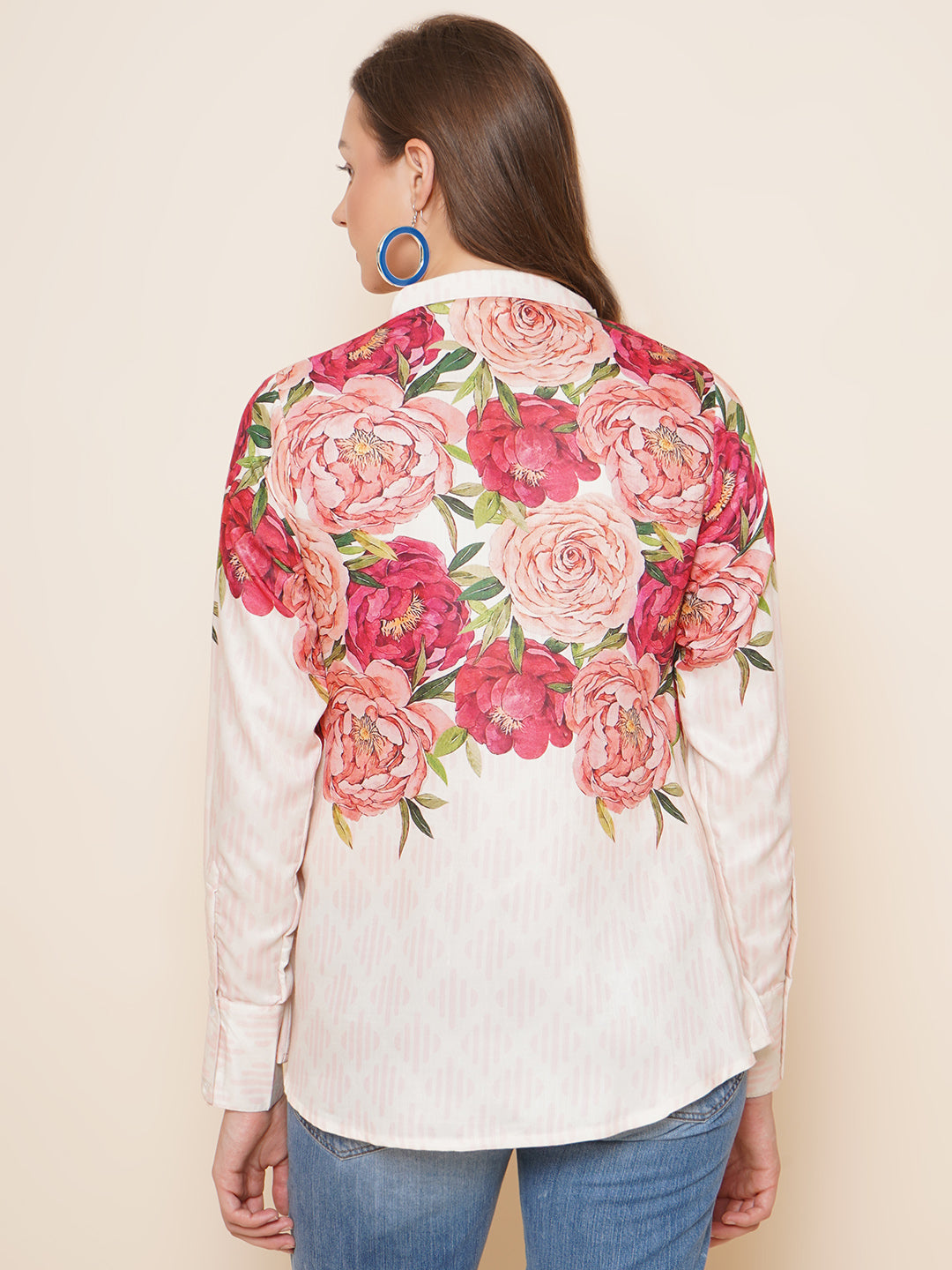 Bhama Couture Beige Floral Printed Shirt Style Top