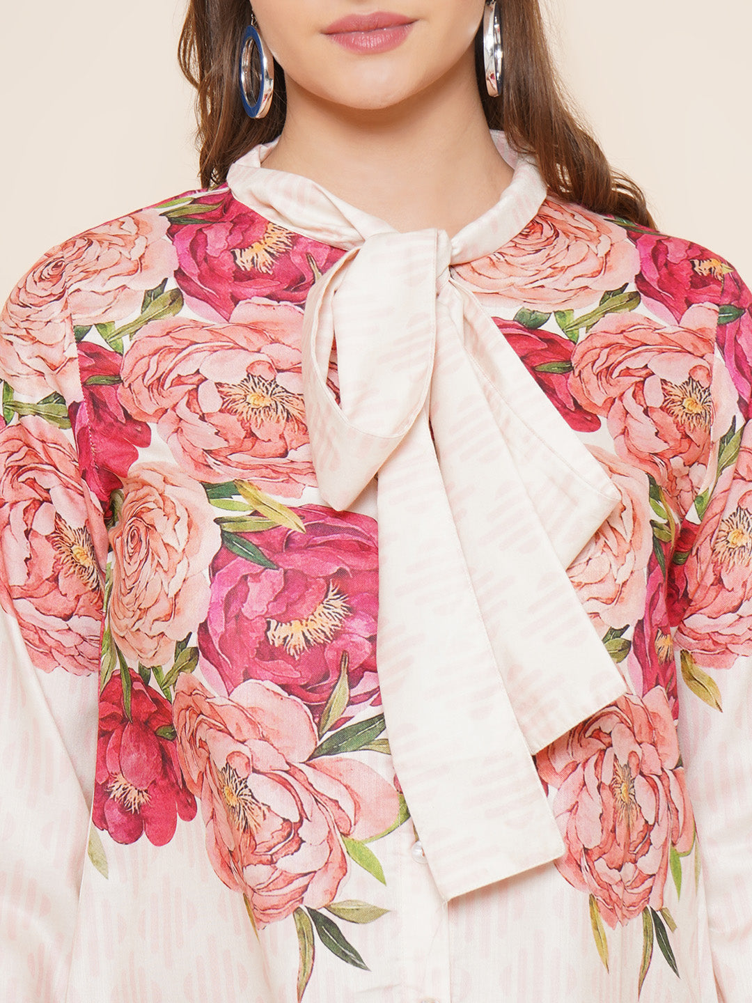Bhama Couture Beige Floral Printed Shirt Style Top