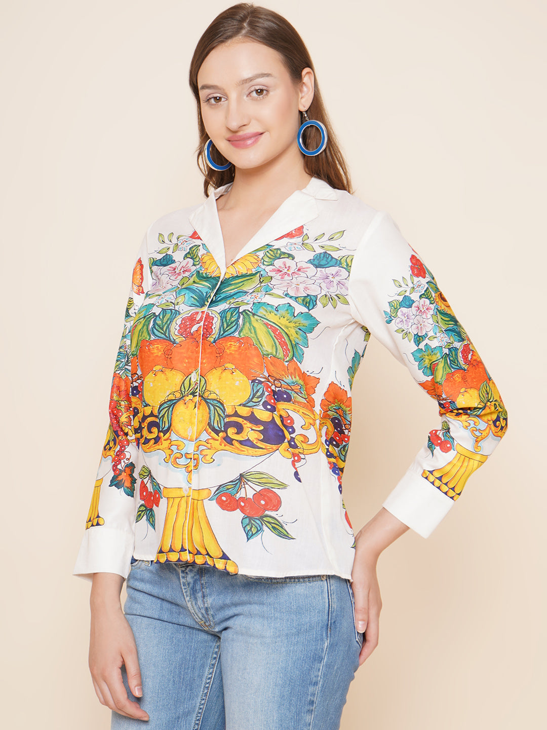 Bhama Couture White Multi Printed Shirt Style Top